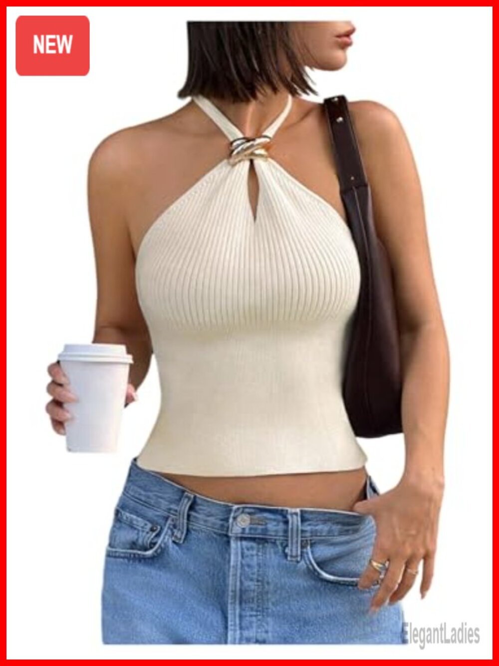 Verdusa Women's Knit Halter Crop Top Sleeveless Racerback Cut Out Club Top